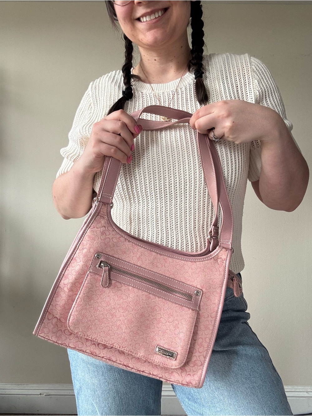 Rosetti Pink Signature Pattern Shoulder Bag with Front Zip Pocket